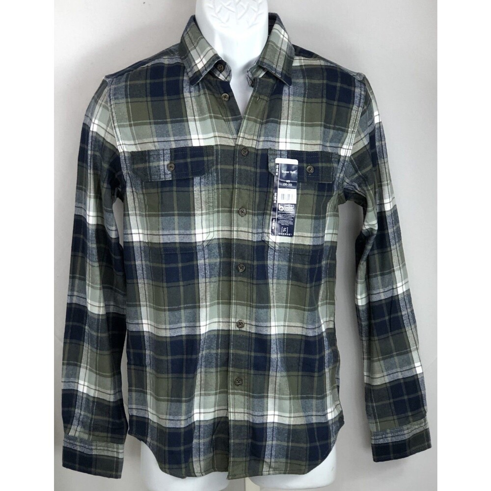 NWT George flannel shirt XS Blue green Plaid Button Up Long Sleeve Collar